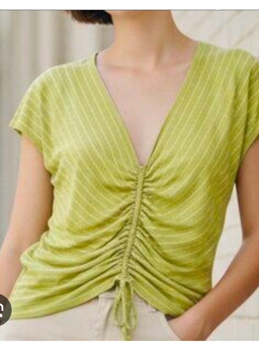Max Studio Lime Stripe Ruched V-Neck Cap Sleeve Top